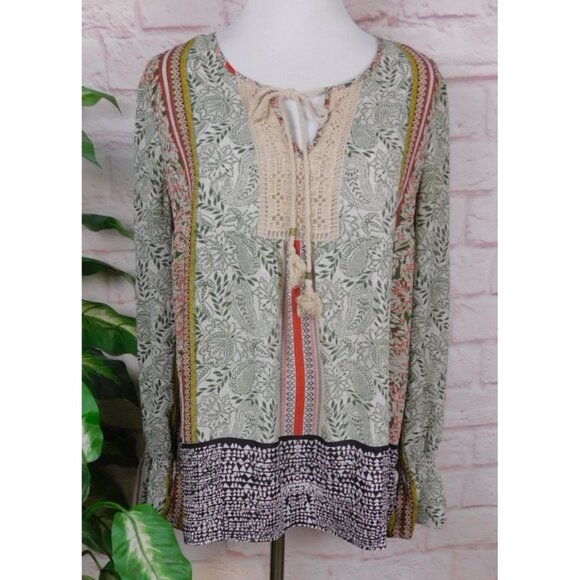 DR2 Boho Peasant Blouse Vintage Style Crochet Floral Print Top M - Picture 1 of 12